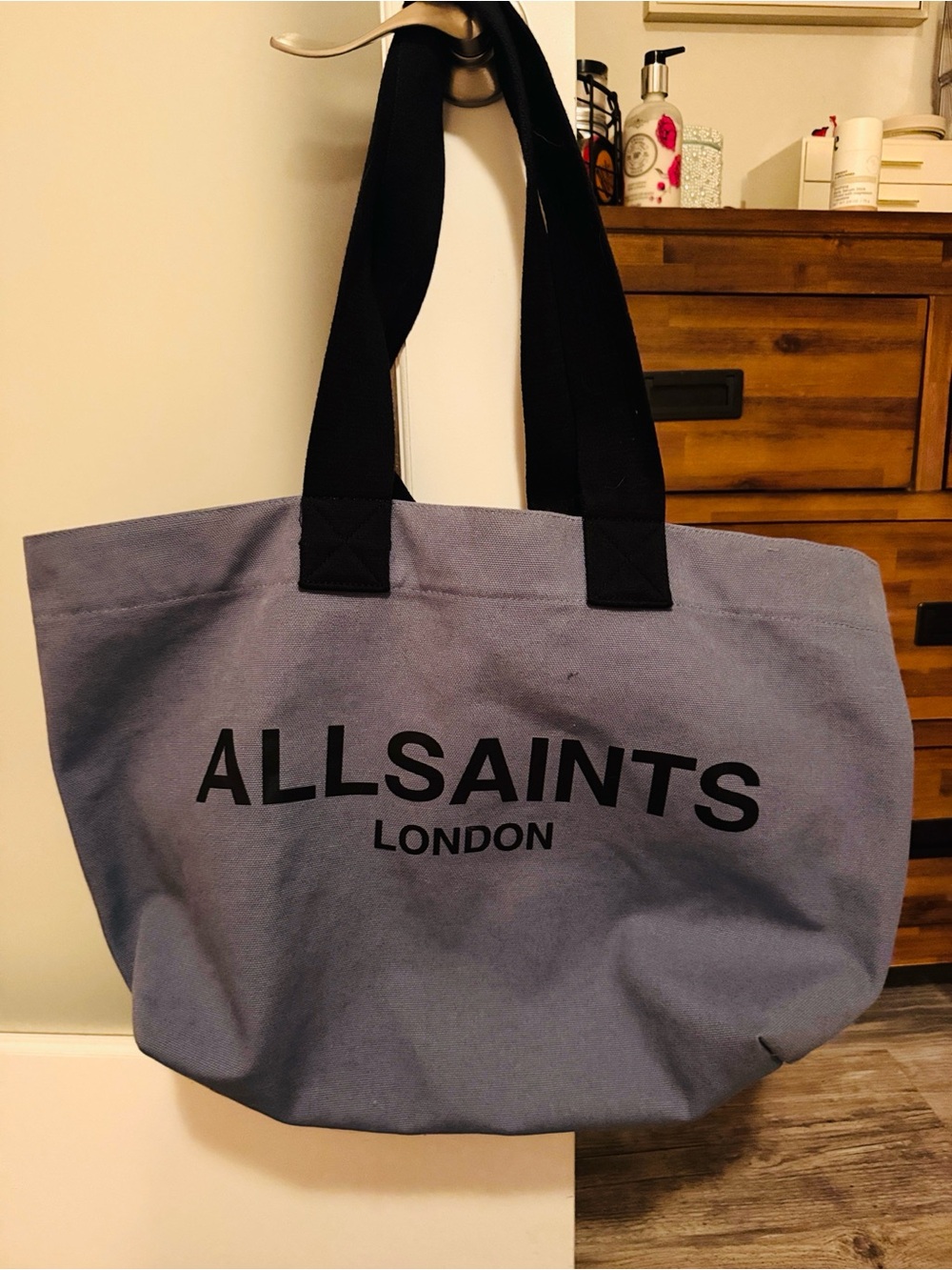 AllSaints Canvas Tote Bag in Slate Blue with Black Handles